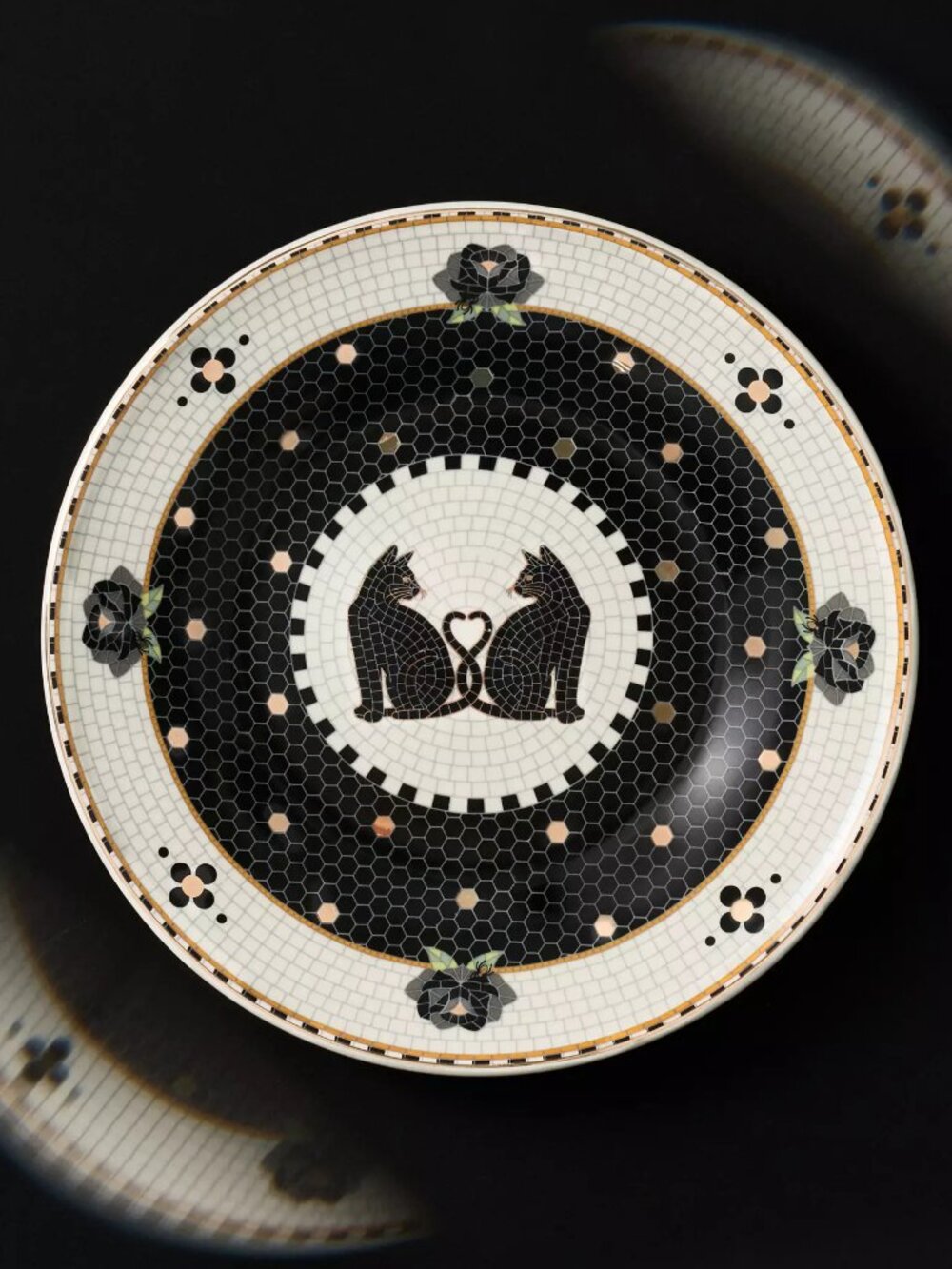 Anthropologie Black Cat Dessert Plate Mosaic 24k gold-decaled glazed stoneware